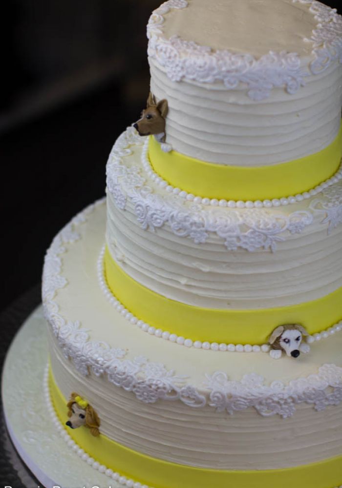 White and Yellow Buttercream Wedding Cake with Lace and Sculpted Dog Details