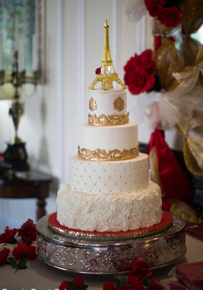 White and Gold Paris Themed Wedding Cake
