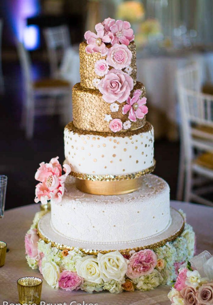 White and Gold Sequin Wedding Cake