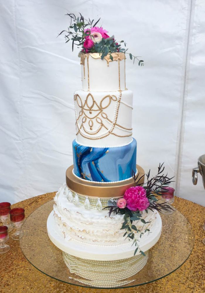 Fondant Tower Wedding Cake with Blue Marble and Melted Gold