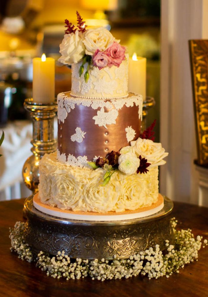 Metallic Wedding Cake with Lace Detail and Flowers