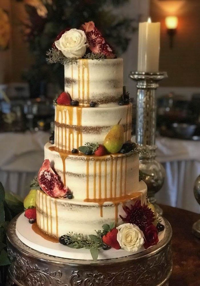 Naked Wedding Cake with Caramel Drizzle and Fruit