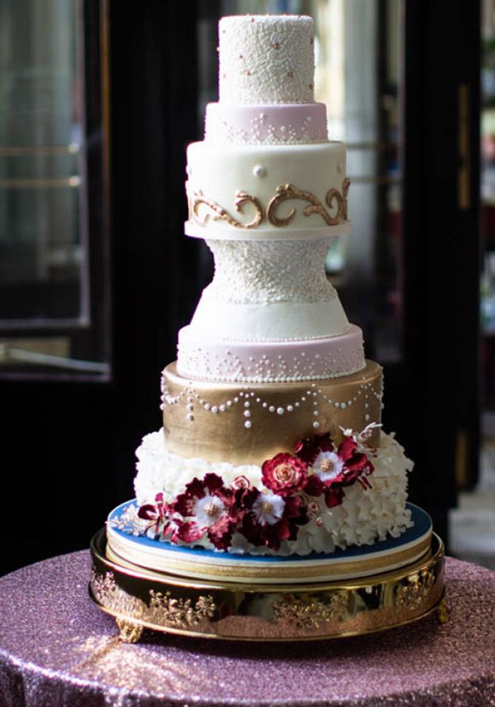 Pink Gold and White Multi-level Wedding Cake