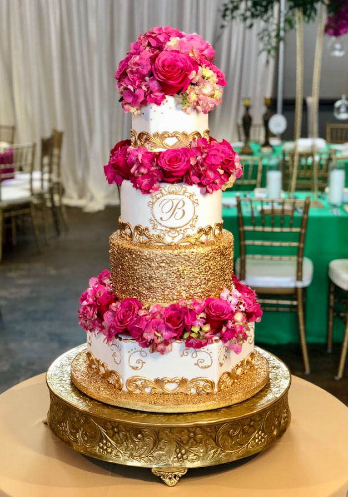 White and Gold Fondant Wedding Cake with Gold Embroidery and Pink Flowers