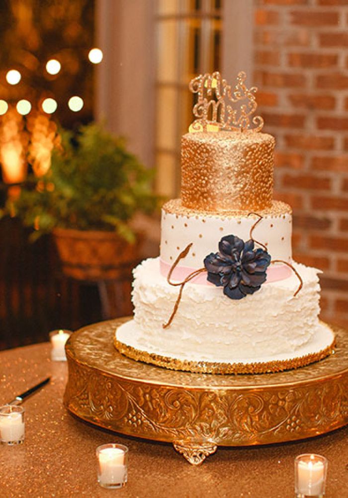 Sequined White and Gold Wedding Cake with Frills